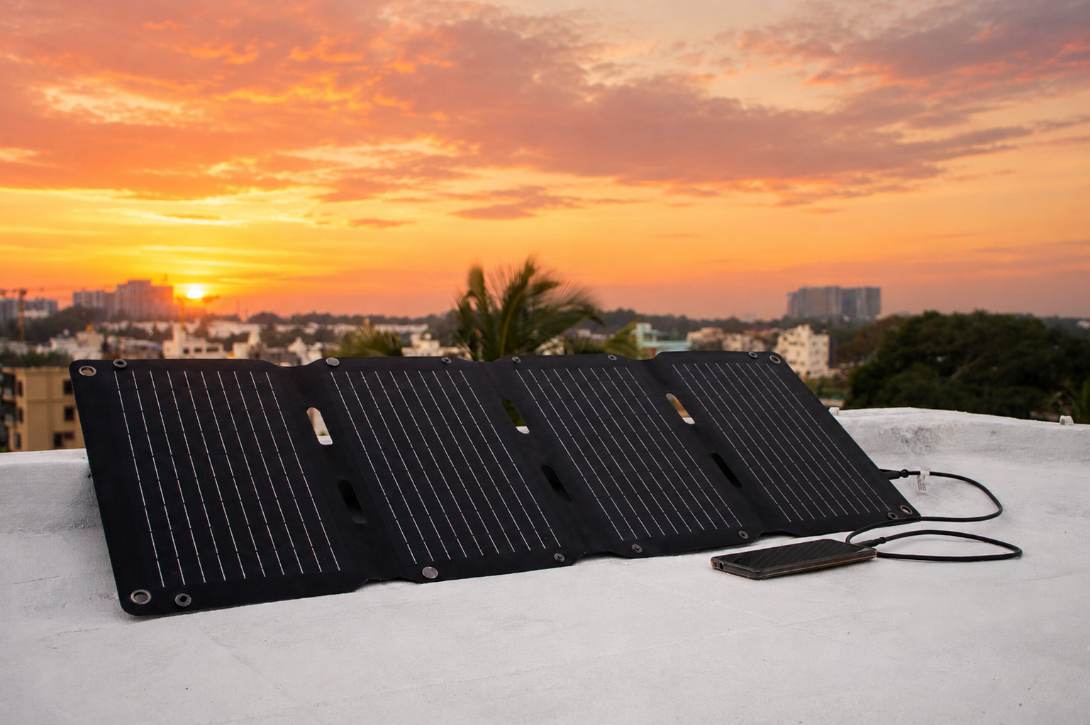 Solar panel on a rooftop with a cityscape and sunset in the background